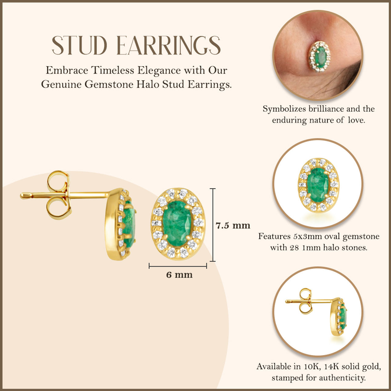 Gold Personalized Genuine Gemstone Halo Stud Earrings (Available in Yellow/Rose/White Gold)