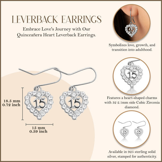 .925 Sterling Silver 15 Años Quinceañera Cubic Zirconia Heart Leverback Earrings