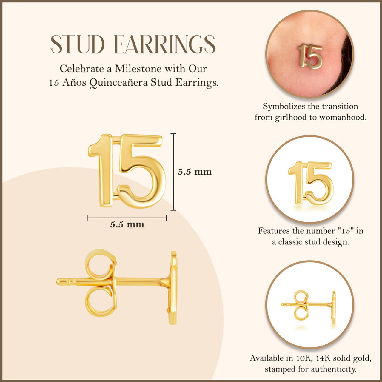 Yellow Gold 15 Años Quinceañera Stud Earrings
