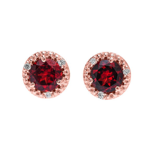 Gold Personalized Genuine Gemstone Diamond Halo Stud Earrings (Available in Yellow/Rose/White Gold)