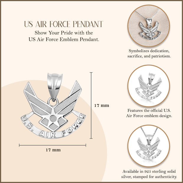 .925 Sterling Silver United States Air Force Emblem Officially Licensed Pendant Necklace