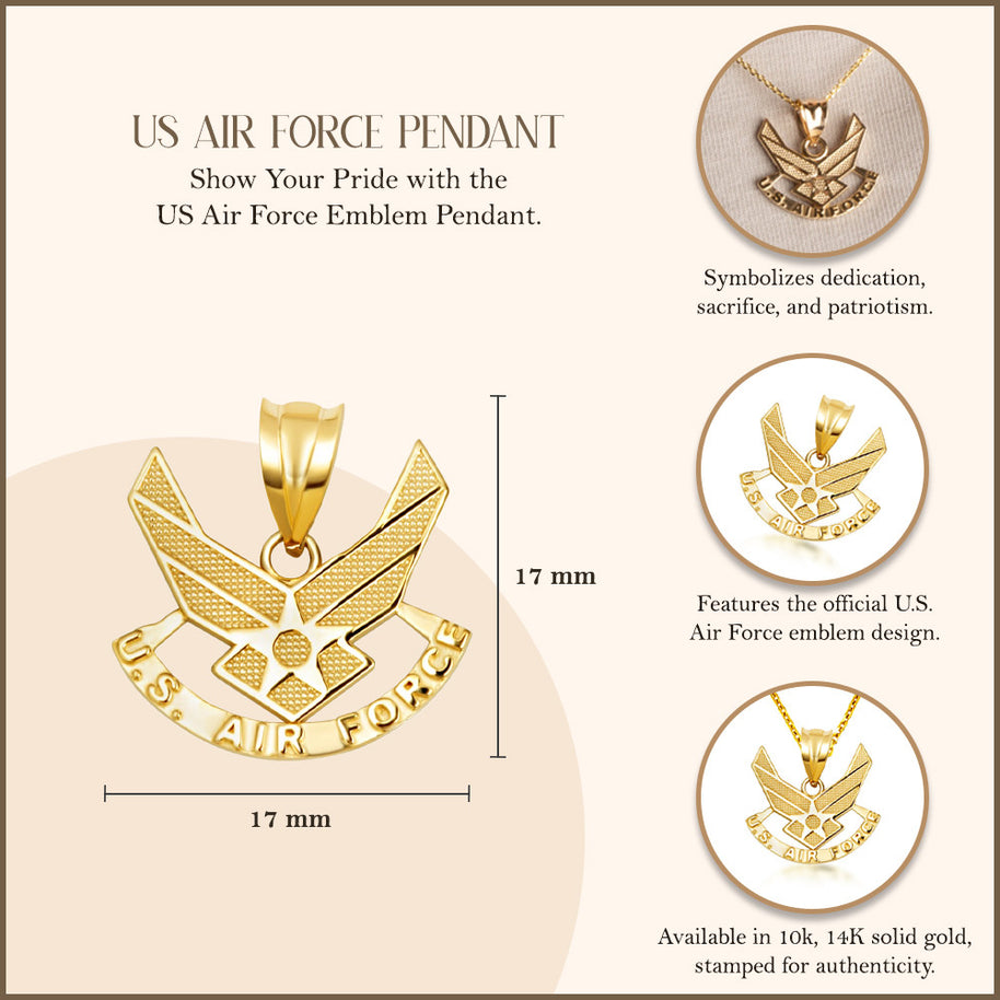 Gold United States Air Force Emblem Officially Licensed Pendant Necklace (Available in Yellow/Rose/White Gold)