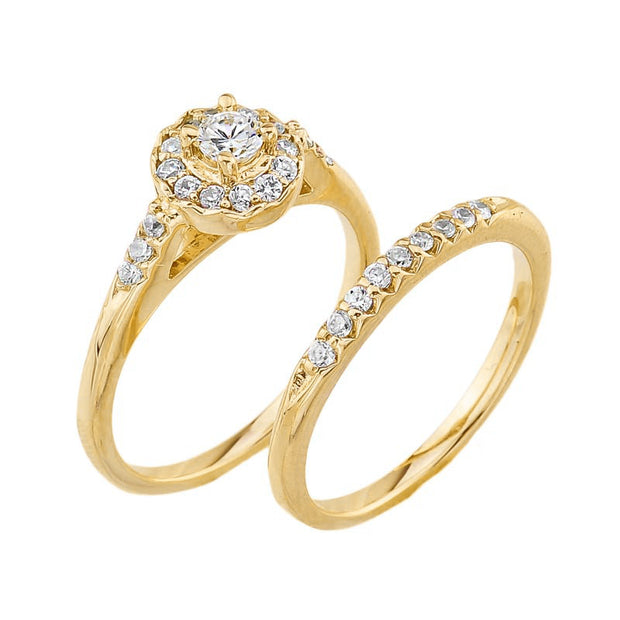 Yellow Gold Diamond Halo Wedding Engagement Ring Set