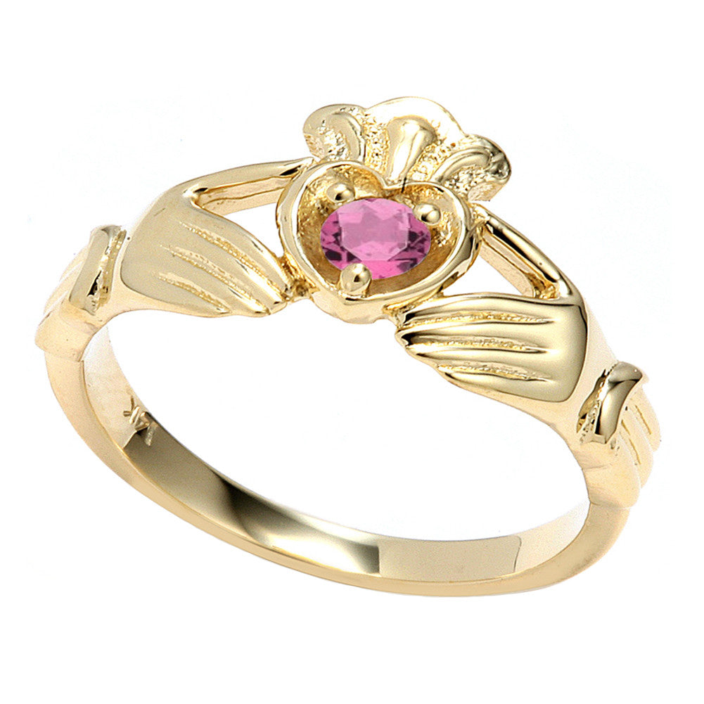 Yellow Gold Cubic Zirconia Claddagh Birthstone Ring