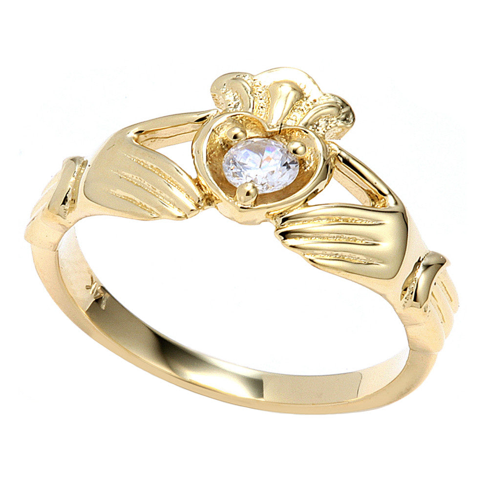 Yellow Gold Cubic Zirconia Claddagh Birthstone Ring
