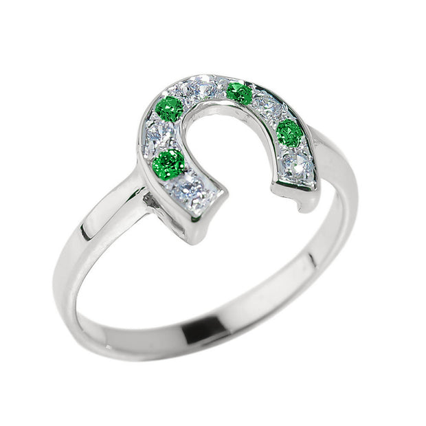 Gold White and Green CZ Ladies Horseshoe Ring(Available In Yellow/Rose/White)