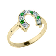 Gold White and Green CZ Ladies Horseshoe Ring(Available In Yellow/Rose/White)