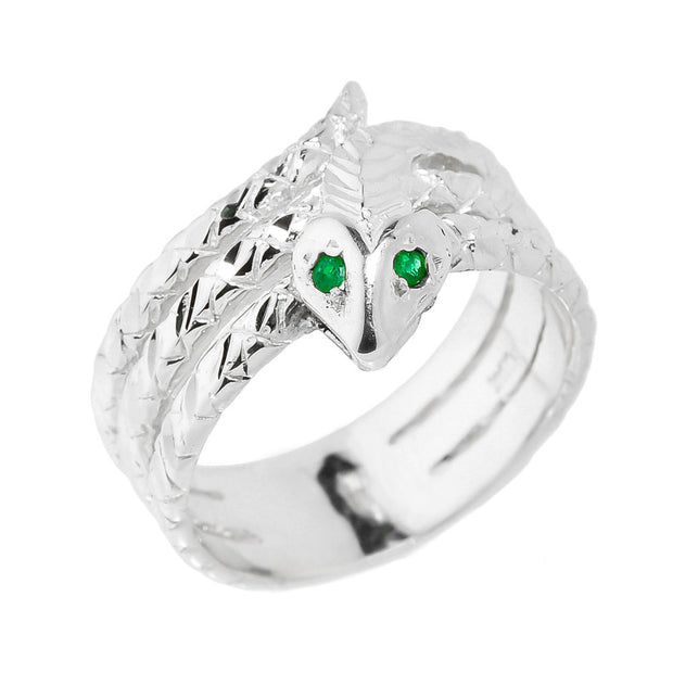 .925 Sterling Silver Diamond Cut Coiled Snake Emerald Birthstone Ring