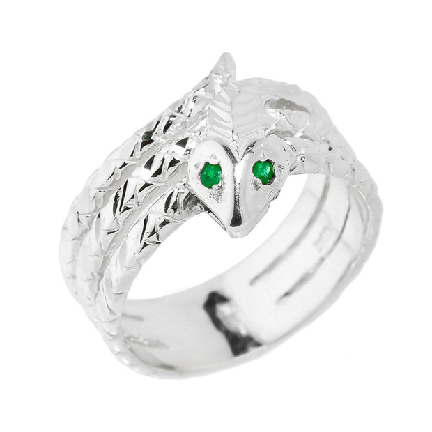 Solid Gold Diamond Cut Coiled Snake Emerald Birthstone Ring (Available in Yellow/Rose/White Gold)