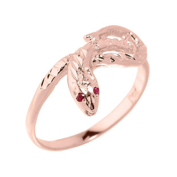 Gold Diamond Cut Coiled Snake Ruby Birthstone Textured Ring (Available in Yellow/Rose/White Gold)