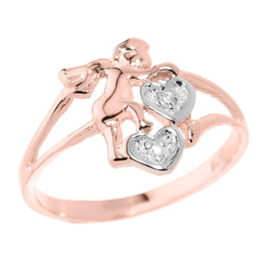 Gold Angel with Diamond and Hearts Ladies Ring (Available in Yellow/Rose/White Gold)