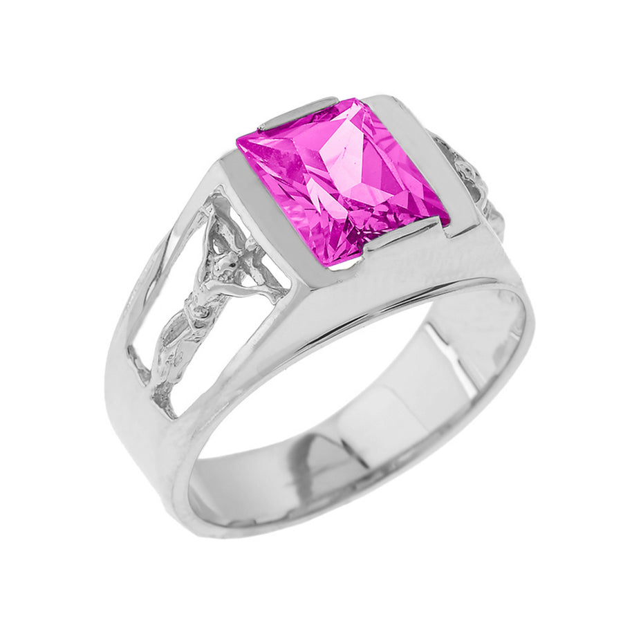 Sterling Silver Crucifix Cross Lab Created Gemstone Men's Ring