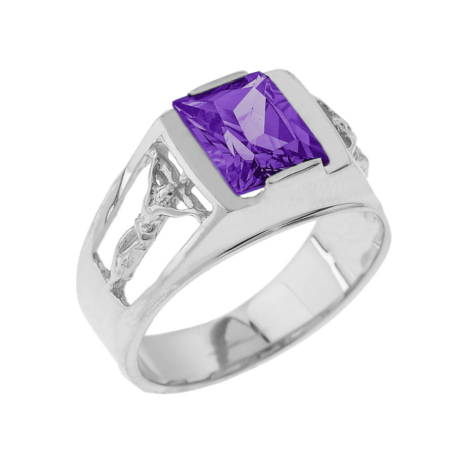 Sterling Silver Crucifix Cross Lab Created Gemstone Men's Ring