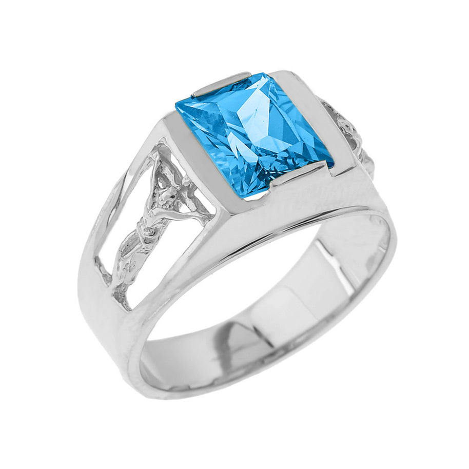 Sterling Silver Crucifix Cross Lab Created Gemstone Men's Ring