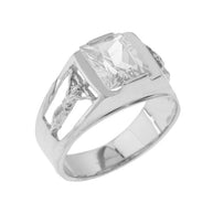 Sterling Silver Crucifix Cross Lab Created Gemstone Men's Ring