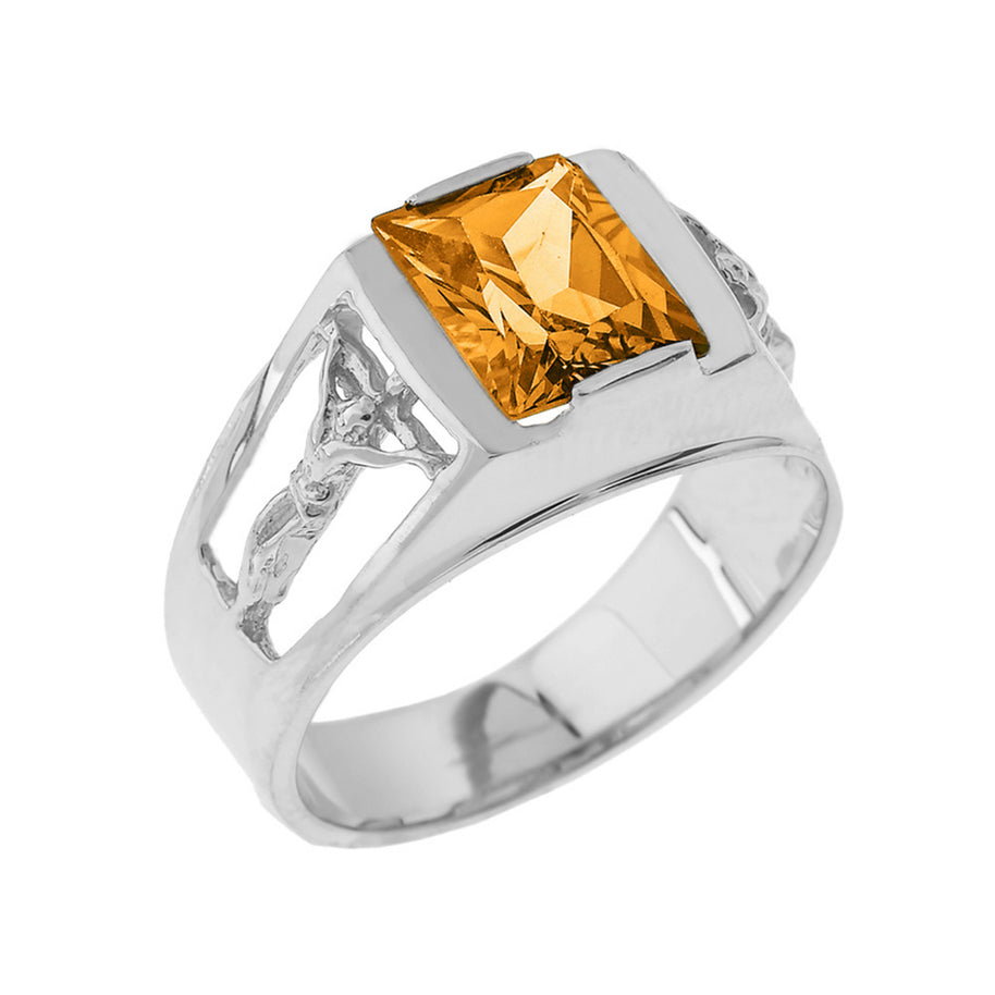 Sterling Silver Crucifix Cross Lab Created Gemstone Men's Ring