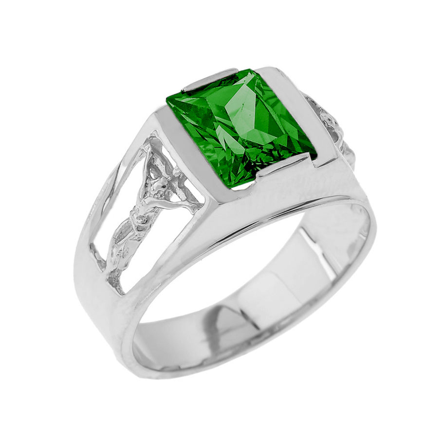 Sterling Silver Crucifix Cross Lab Created Gemstone Men's Ring