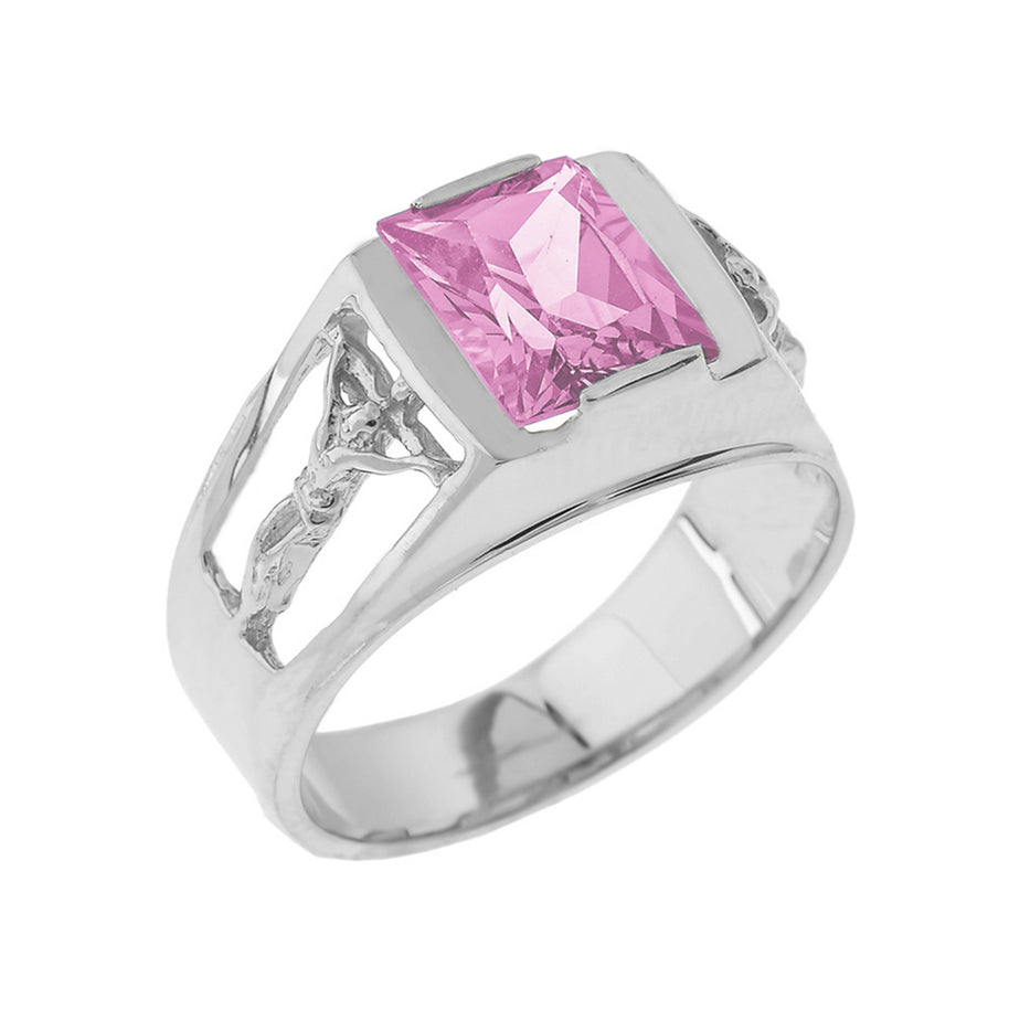 Sterling Silver Crucifix Cross Lab Created Gemstone Men's Ring