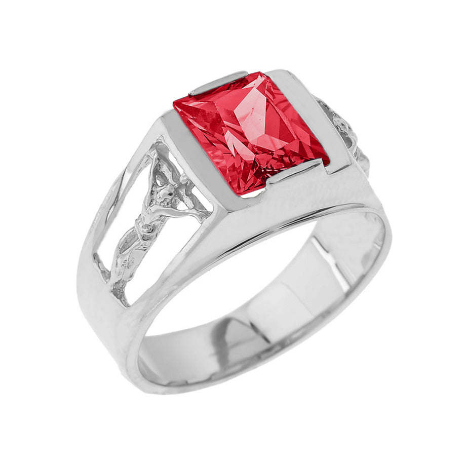Sterling Silver Crucifix Cross Lab Created Gemstone Men's Ring