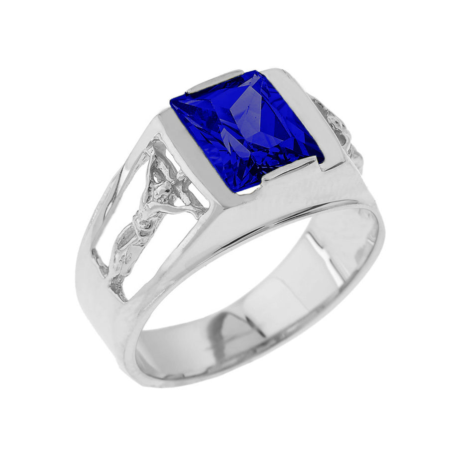 Sterling Silver Crucifix Cross Lab Created Gemstone Men's Ring