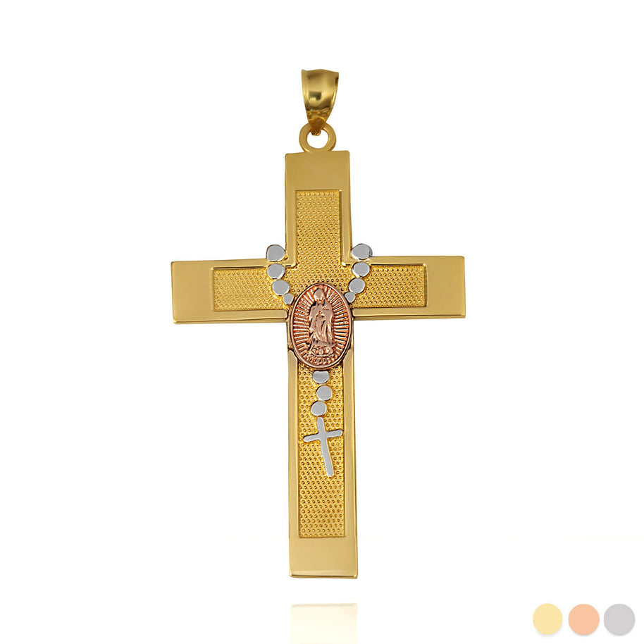 Solid Gold Tri-Color Lady Of Guadalupe Beaded Rosary Cross Pendant Necklace (Available in Yellow/Rose/White Gold)