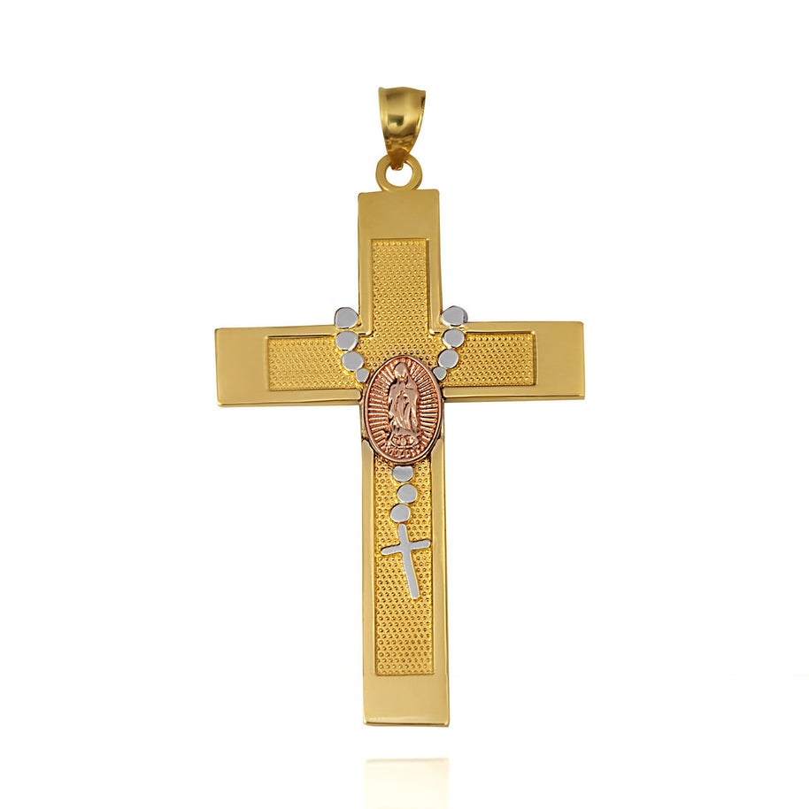 Solid Gold Tri-Color Lady Of Guadalupe Beaded Rosary Cross Pendant Necklace (Available in Yellow/Rose/White Gold)