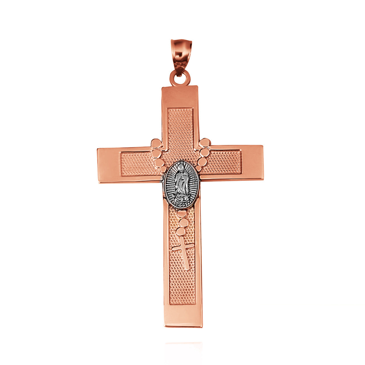 Solid Gold Tri-Color Lady Of Guadalupe Beaded Rosary Cross Pendant Necklace (Available in Yellow/Rose/White Gold)