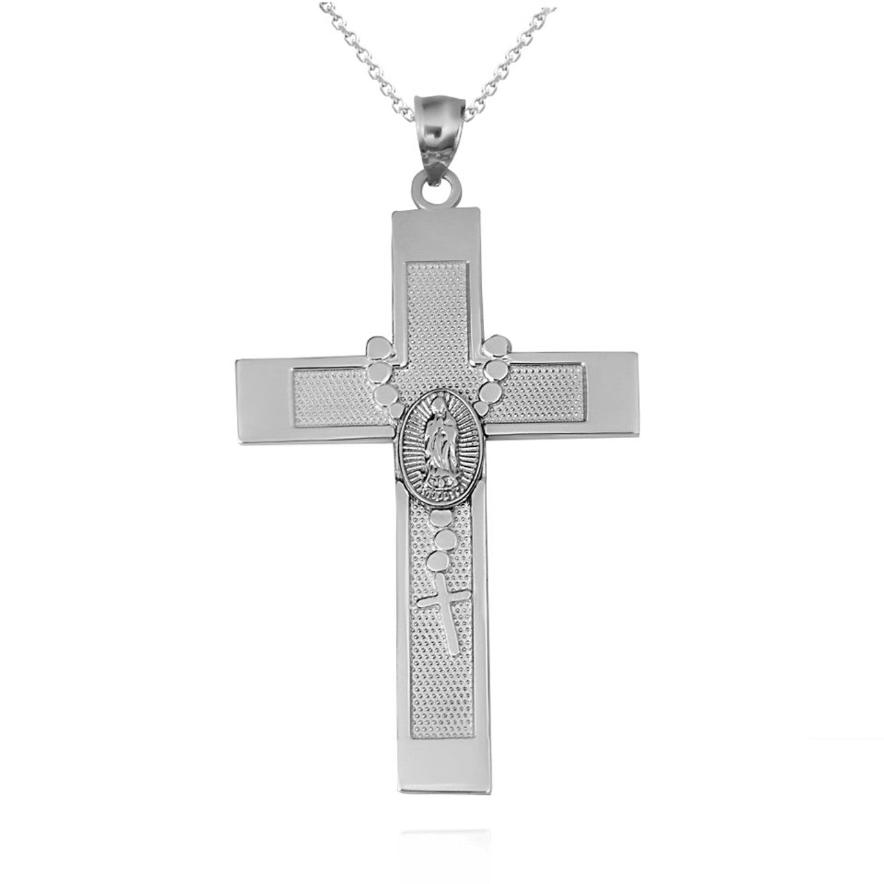 Solid Gold Tri-Color Lady Of Guadalupe Beaded Rosary Cross Pendant Necklace (Available in Yellow/Rose/White Gold)