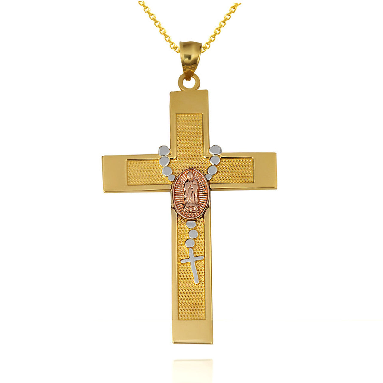 Solid Gold Tri-Color Lady Of Guadalupe Beaded Rosary Cross Pendant Necklace (Available in Yellow/Rose/White Gold)