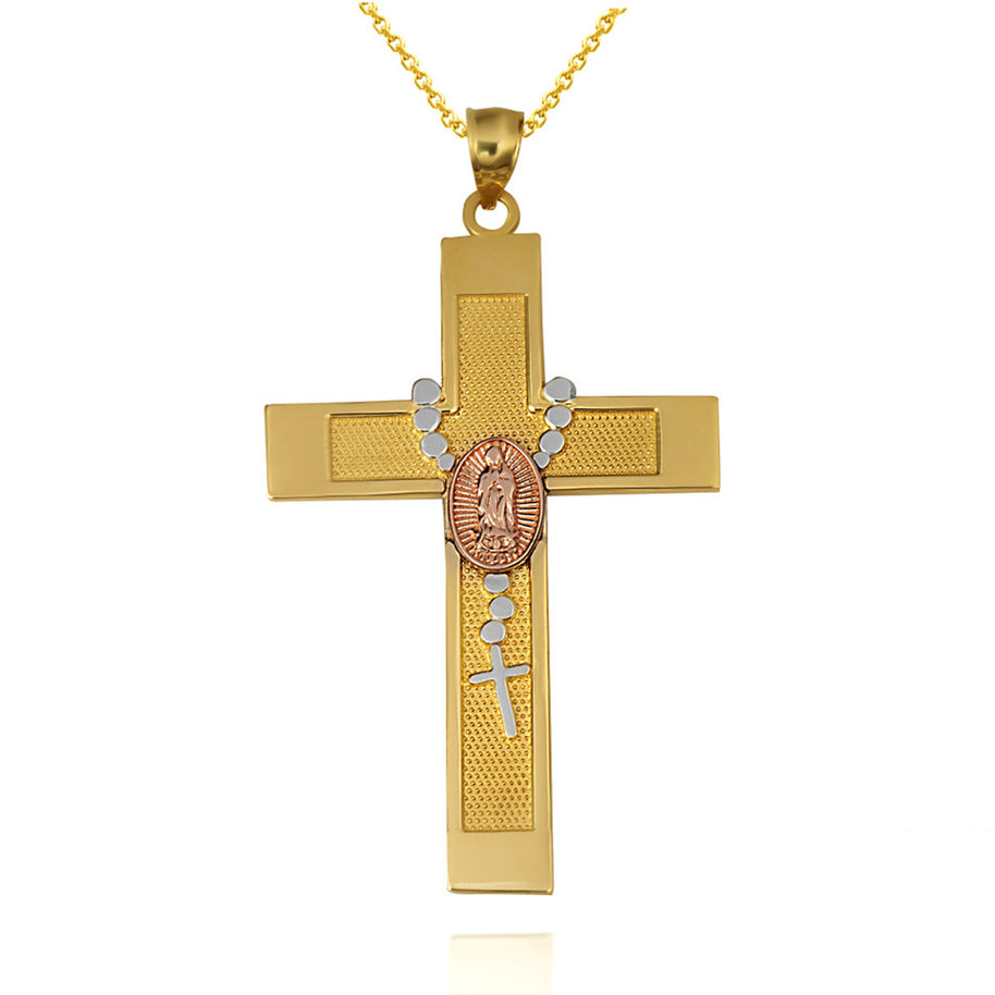 Solid Gold Tri-Color Lady Of Guadalupe Beaded Rosary Cross Pendant Necklace (Available in Yellow/Rose/White Gold)