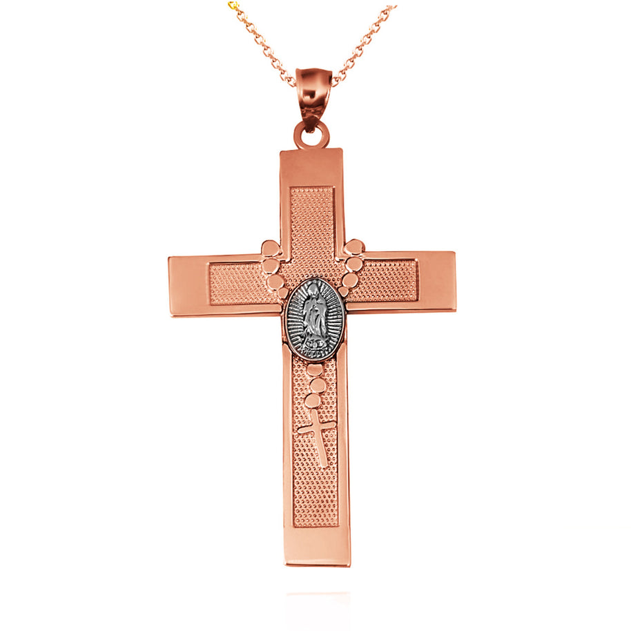 Solid Gold Tri-Color Lady Of Guadalupe Beaded Rosary Cross Pendant Necklace (Available in Yellow/Rose/White Gold)