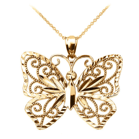 Gold Filigree Butterfly Pendant Necklace(Available In Yellow/Rose/White Gold)