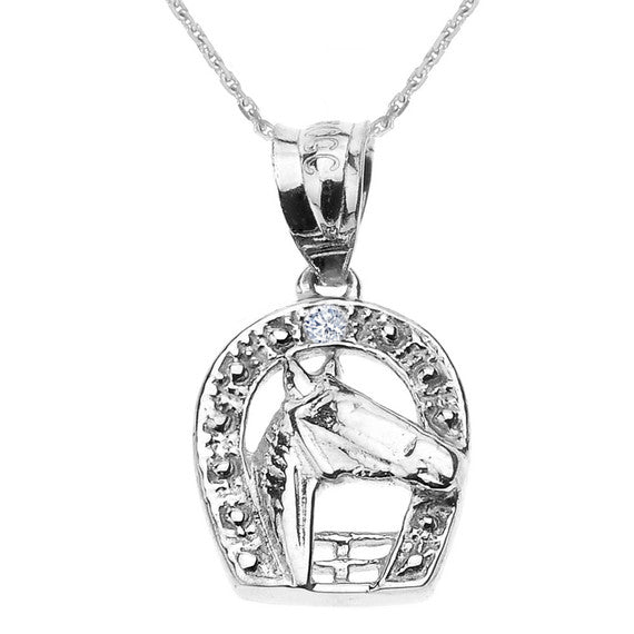Gold Diamond Horseshoe with Horse Head Pendant Necklace (Available In Yellow/Rose/White Gold)