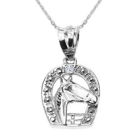 Gold Diamond Horseshoe with Horse Head Pendant Necklace (Available In Yellow/Rose/White Gold)