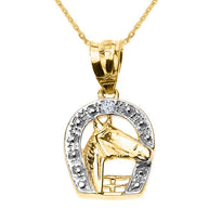 Gold Diamond Horseshoe with Horse Head Pendant Necklace (Available In Yellow/Rose/White Gold)