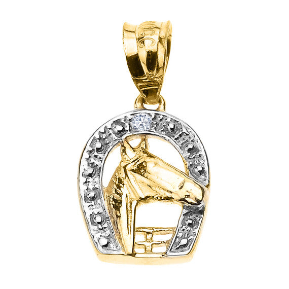 Gold Diamond Horseshoe with Horse Head Pendant Necklace (Available In Yellow/Rose/White Gold)