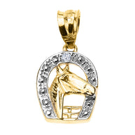 Gold Diamond Horseshoe with Horse Head Pendant Necklace (Available In Yellow/Rose/White Gold)