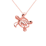 Gold Hawaiian Lucky Charm Honu Turtle Hidden Bail Pendant Necklace (Available in Yellow/Rose/White Gold)