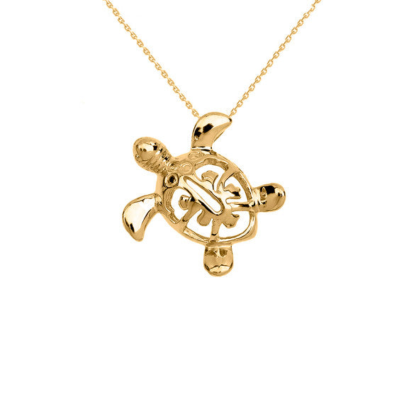 Gold Hawaiian Lucky Charm Honu Turtle Hidden Bail Pendant Necklace (Available in Yellow/Rose/White Gold)