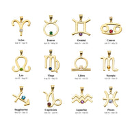 12 Astrological Gold Zodiac Sign With Birthstone Pendant Necklace (Available in Yellow/Rose/White Gold)