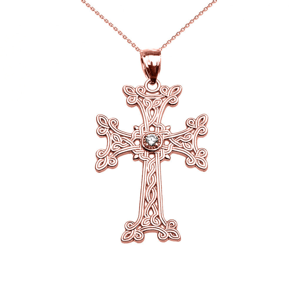 Gold Armenian Cross Solitaire Cubic Zirconia Pendant Necklac(Available in Yellow/Rose/White Gold)