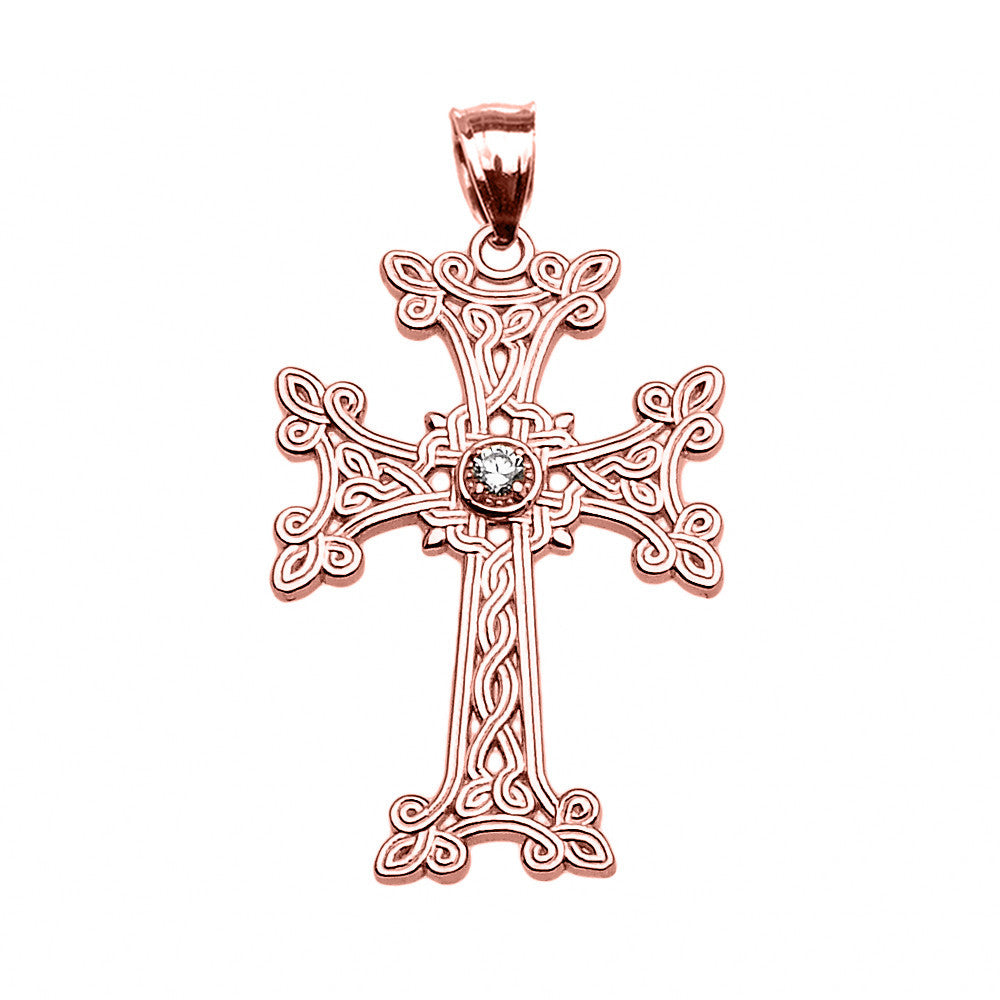 Gold Armenian Cross Solitaire Cubic Zirconia Pendant Necklac(Available in Yellow/Rose/White Gold)