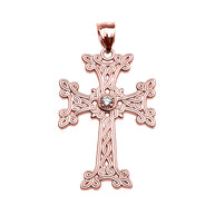Gold Armenian Cross Solitaire Cubic Zirconia Pendant Necklac(Available in Yellow/Rose/White Gold)