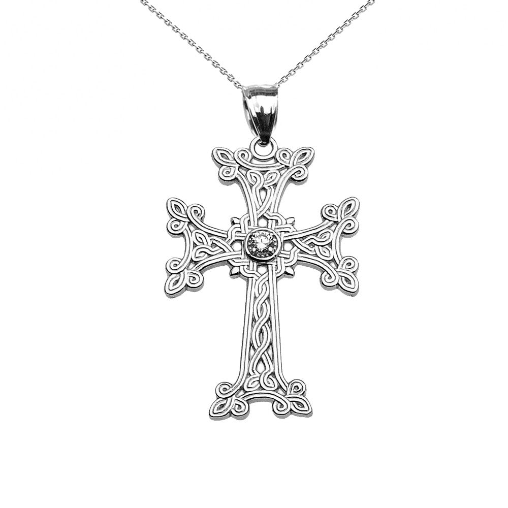 Sterling Silver Armenian Cross Solitaire Diamond Religious Pendant Necklace
