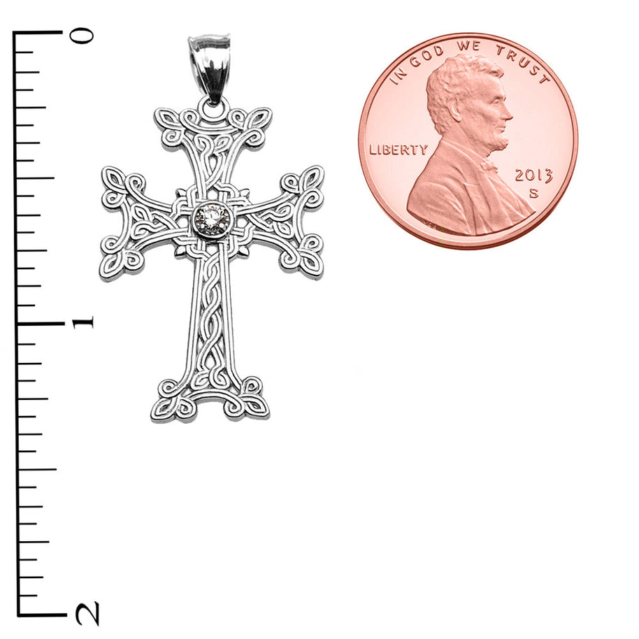 Sterling Silver Armenian Cross Solitaire Diamond Religious Pendant Necklace