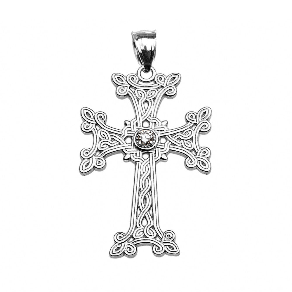 Sterling Silver Armenian Cross Solitaire Cubic Zirconia Religious Pendant Necklace