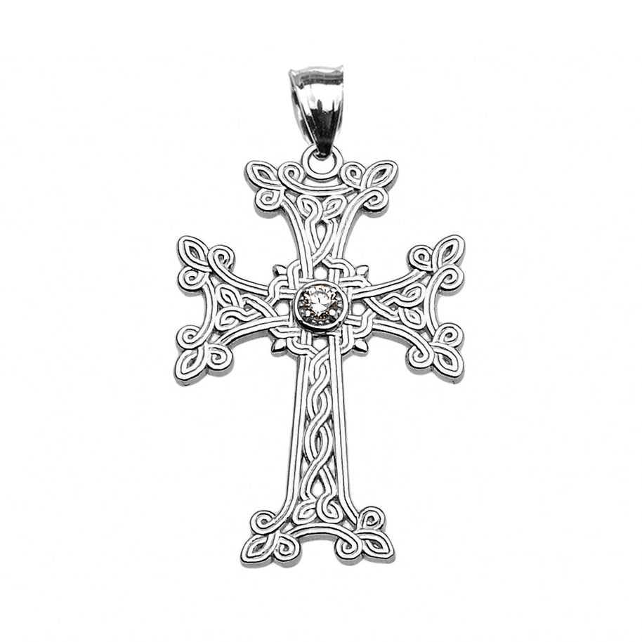 Sterling Silver Armenian Cross Solitaire Cubic Zirconia Religious Pendant Necklace