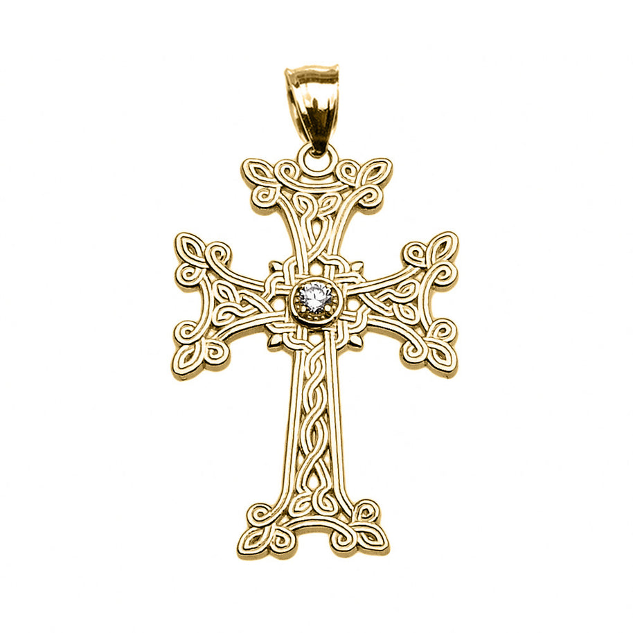 Gold Armenian Cross Solitaire Cubic Zirconia Pendant Necklac(Available in Yellow/Rose/White Gold)