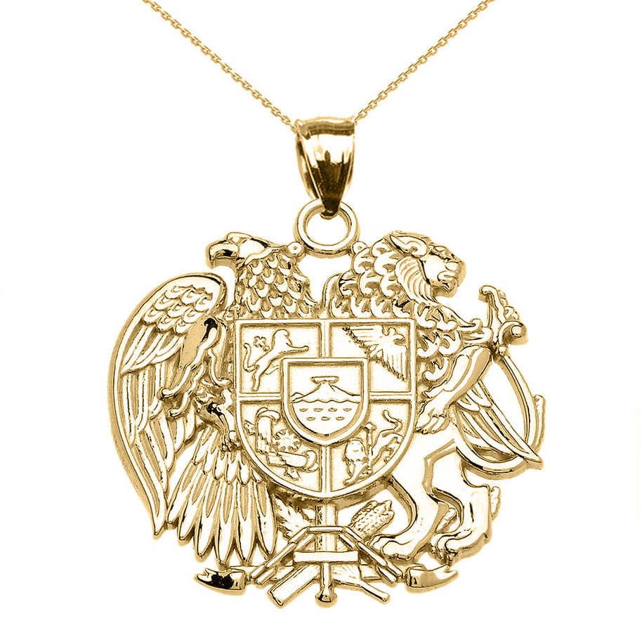 Gold Armenian National Coat of Arms Eagle and Lion Pendant Necklace(Available In Yellow/Rose/White Gold)