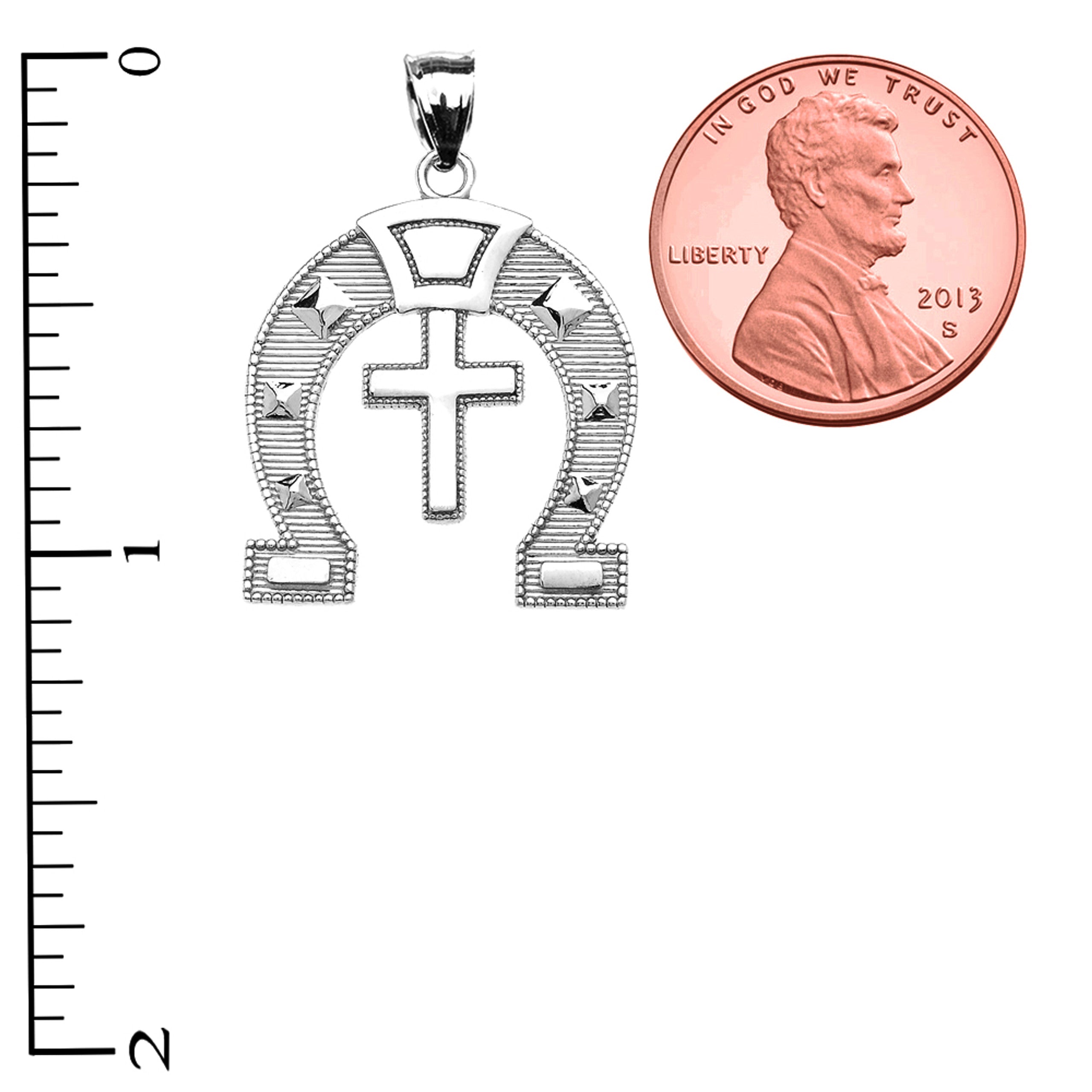 .925 Sterling Silver Striped Horseshoe Cross Milgrain Pendant Necklace